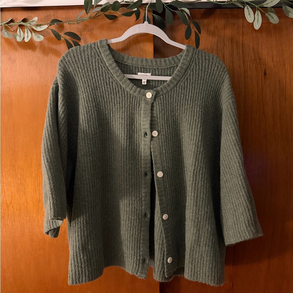 aerie Olive Green Ribbed Button-Front Cardigan